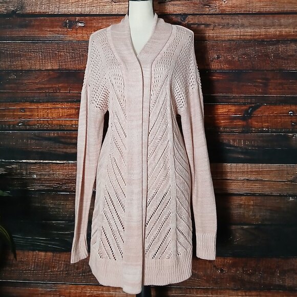 Leo & Nicole Cardigan Sweater XL Open Long Pointelle Loose Weave Knit Light Pink - Picture 2 of 10